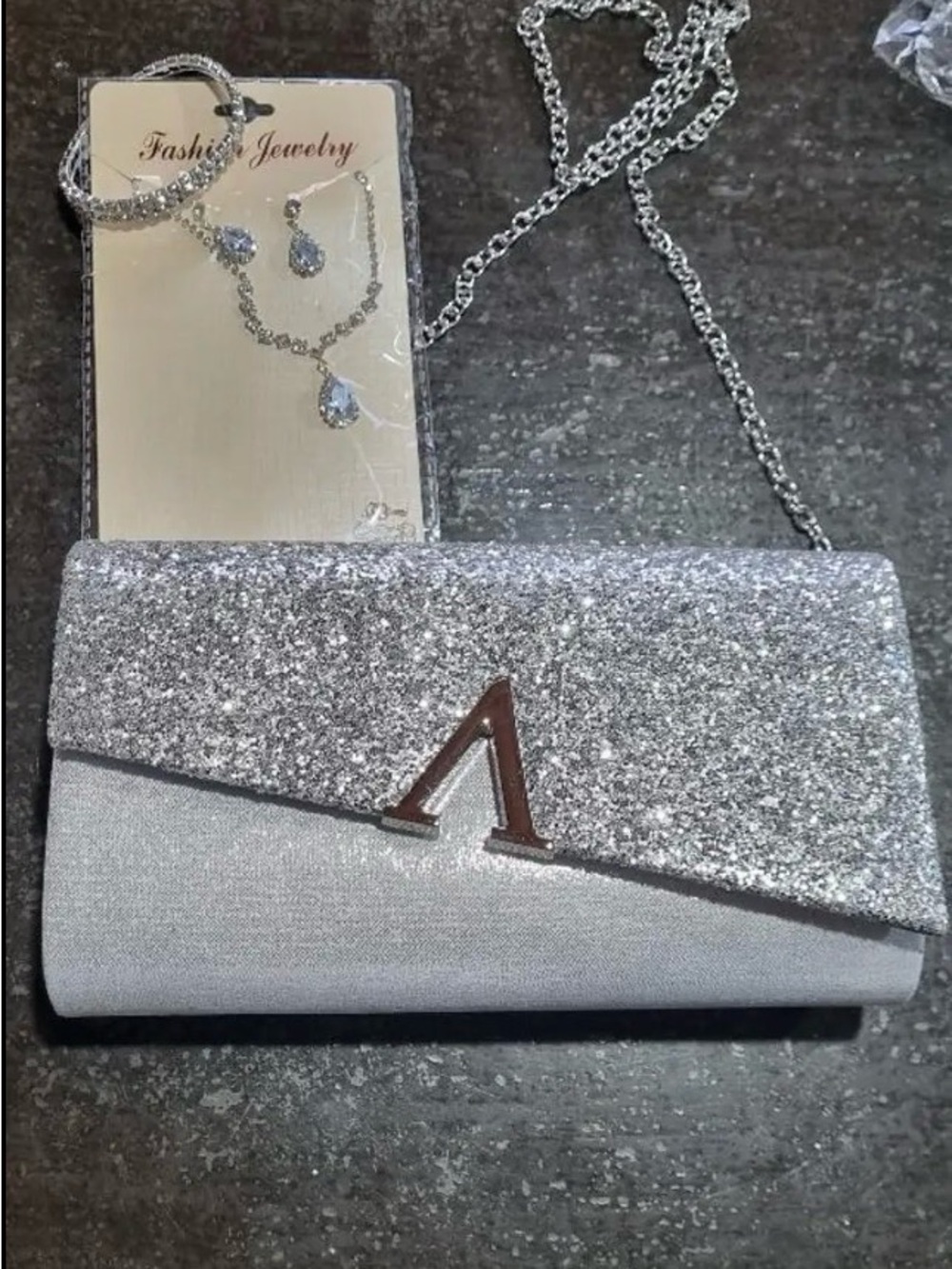 Silver Glitter Evening Clutch Bag with Chain Strap
